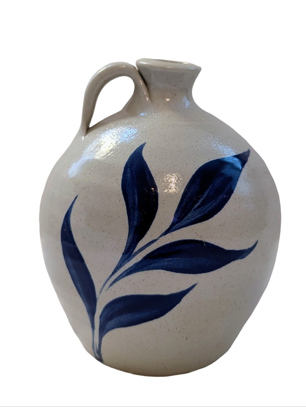 Vintage Williamsburg Pottery Salt Glazed Stoneware Ceramic Jug Ewer Blue Leaf